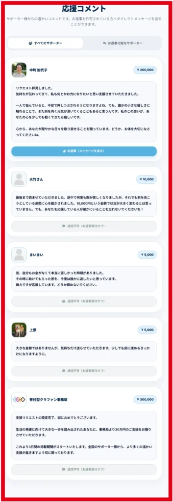 寄付型クラファンの支援リクエストに表示された応援コメントと支援額